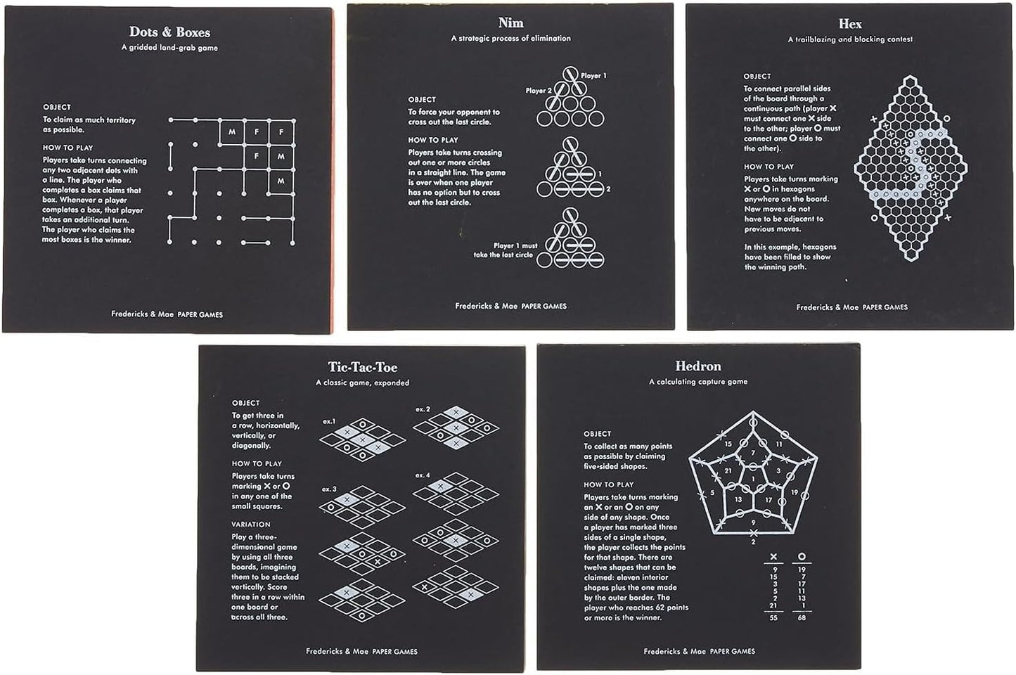 Fredericks & Mae Paper Games (Dots & Boxes, Hex, Hedron, Nim, Tic-Tac-Toe)